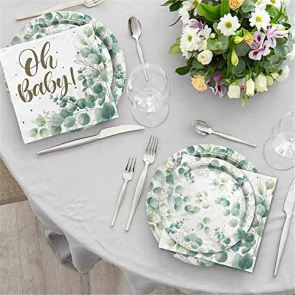 Sage Greenery Baby Shower Party Supplies Disposable Plates Cups Napkins Boho